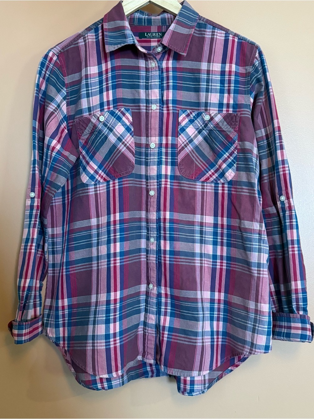 Lauren Ralph Lauren Women’s Large Purple Plaid Cotton Roll Tab Button Down Shirt